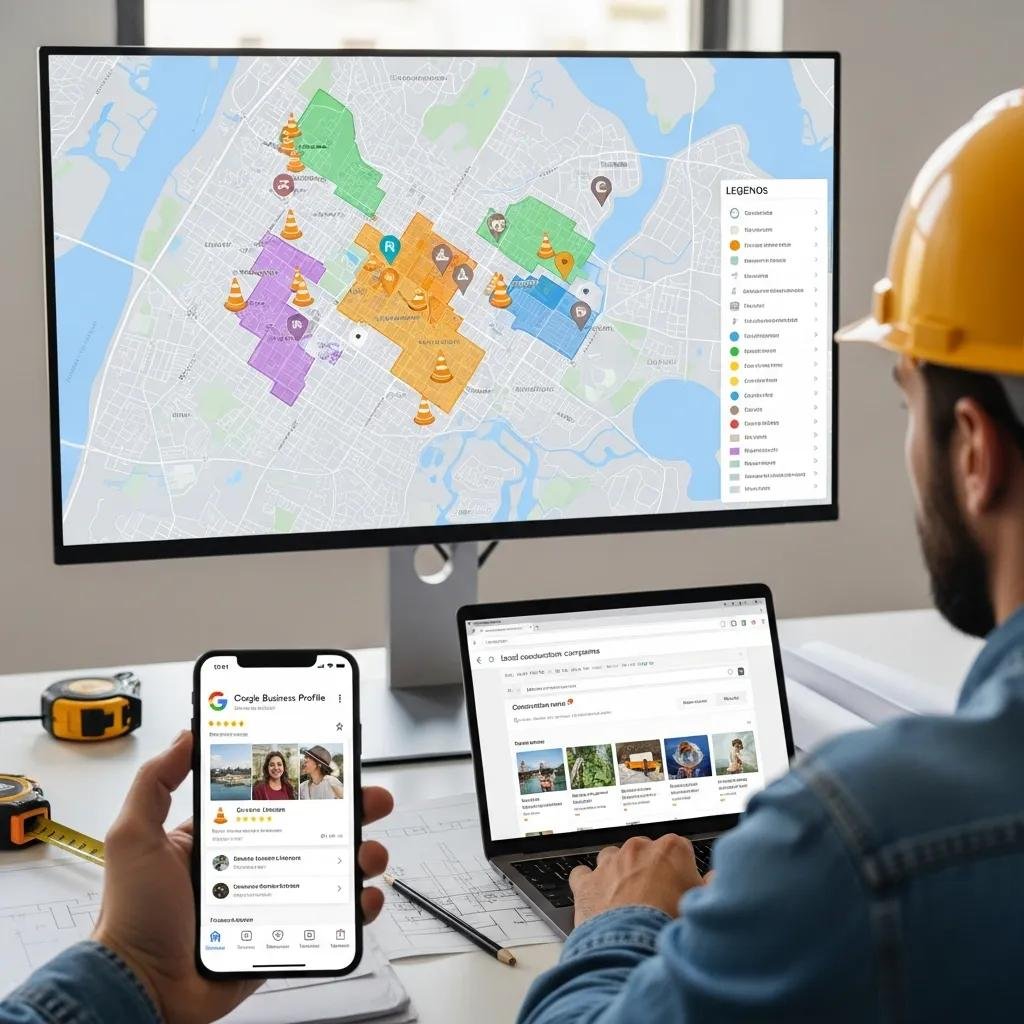 Digital map showing local areas with construction project markers, illustrating the impact of local SEO on visibility