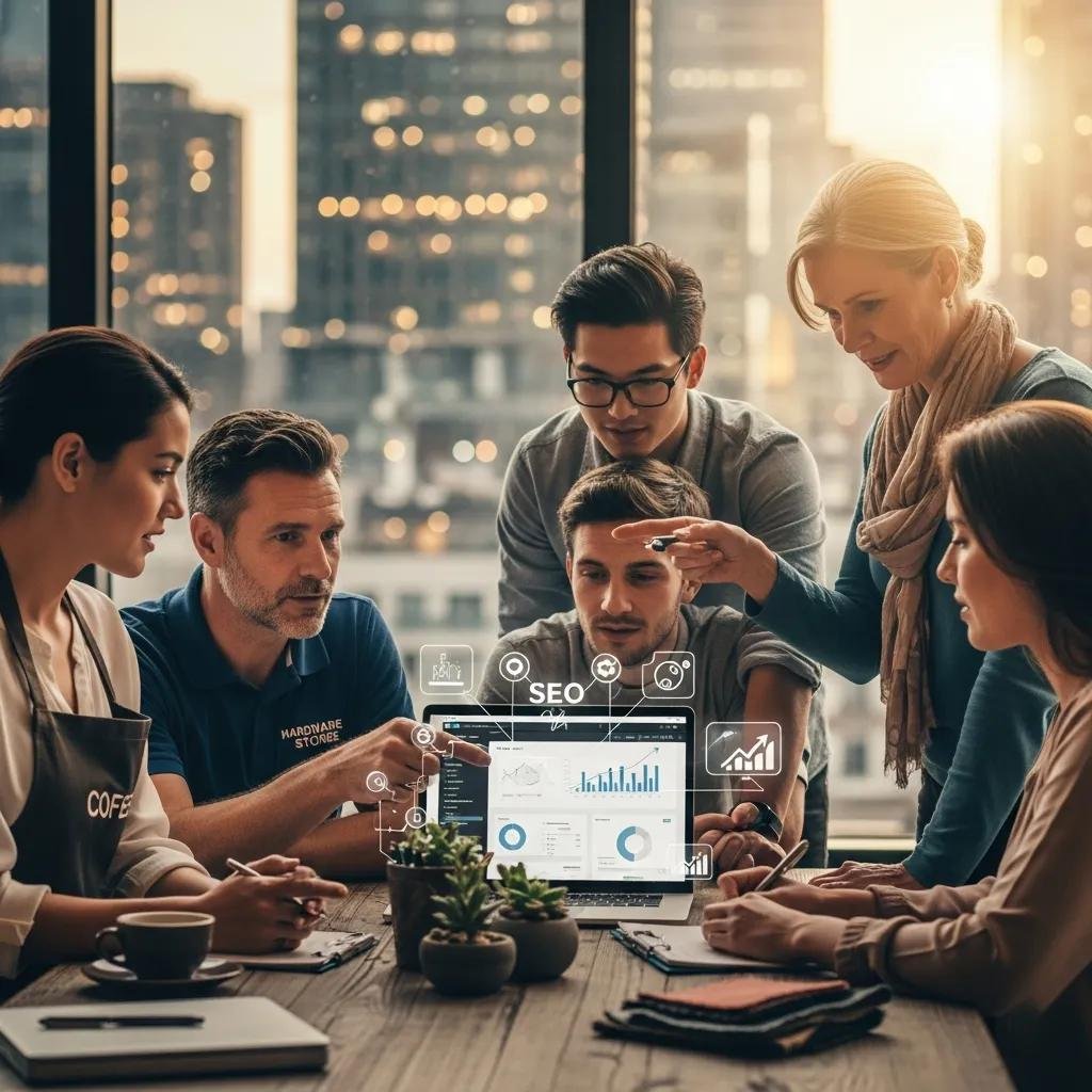 Diverse small business owners collaborating on SEO strategies around a laptop in an urban setting, with charts and analytics displayed on the screen.