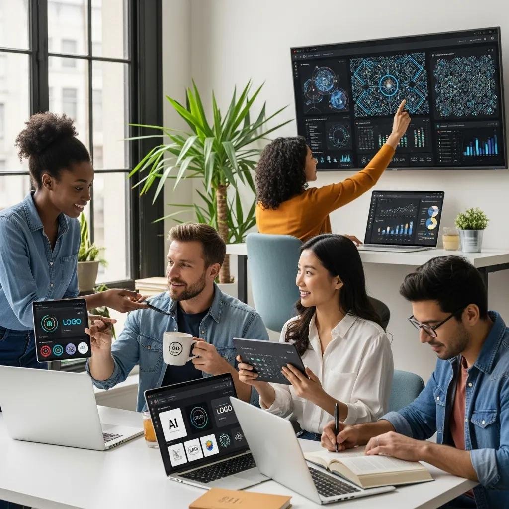 Diverse small business owners using AI tools in a modern workspace