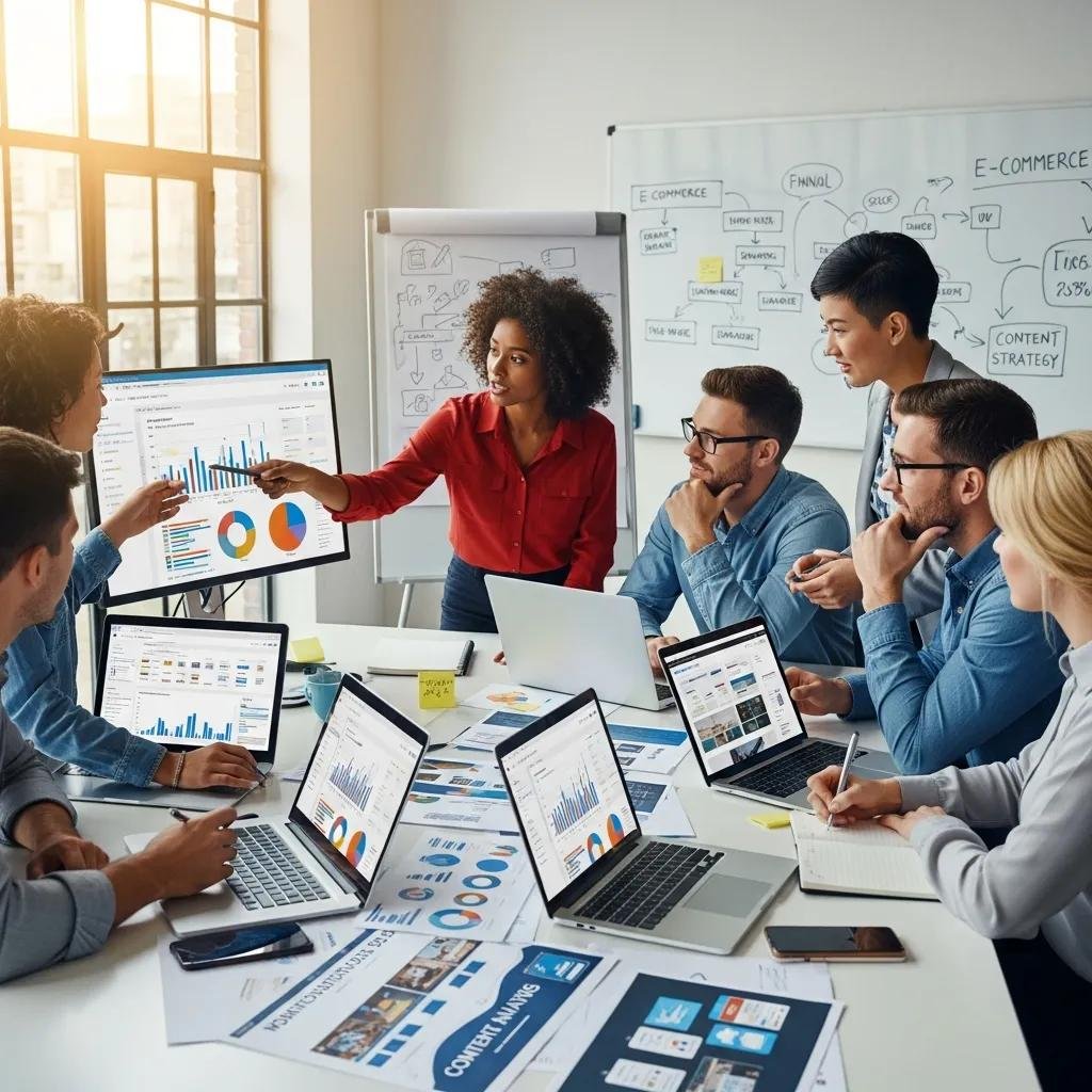 Diverse team collaborating on e-commerce SEO strategies in a modern office, analyzing data on laptops and a screen.