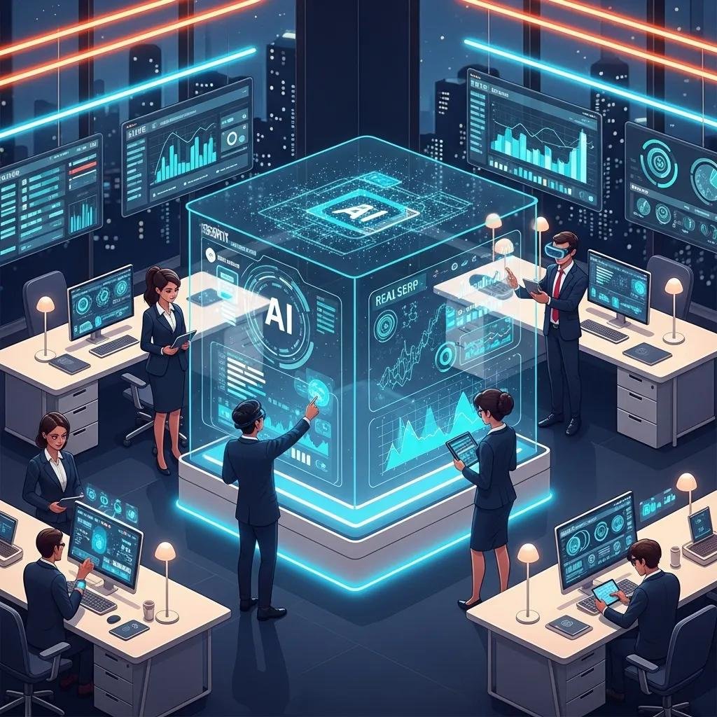 Futuristic workspace showcasing AI technology with professionals analyzing data, interactive holographic displays, and performance metrics related to SEO optimization.