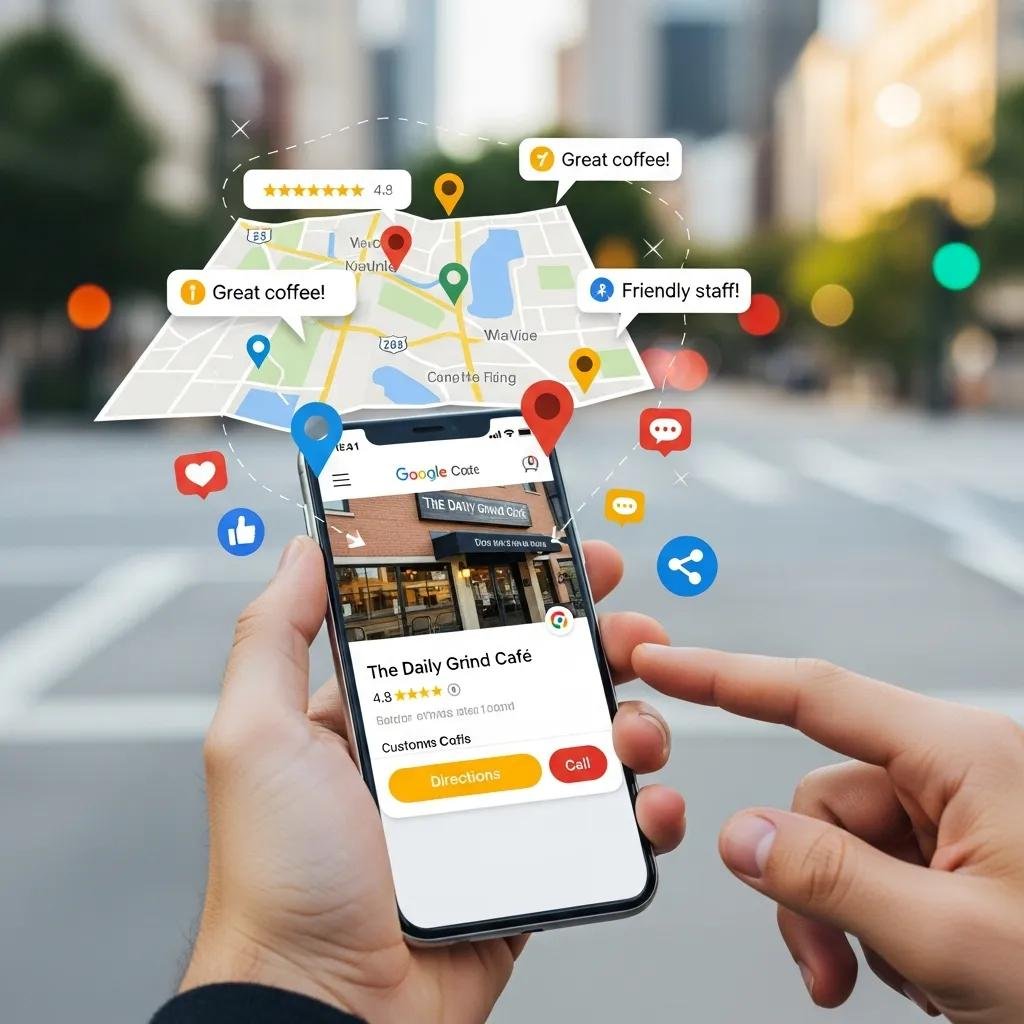 Smartphone displaying Google Business Profile for The Daily Grind Café with local engagement elements, including map, ratings, and user reviews highlighting coffee quality and friendly staff.