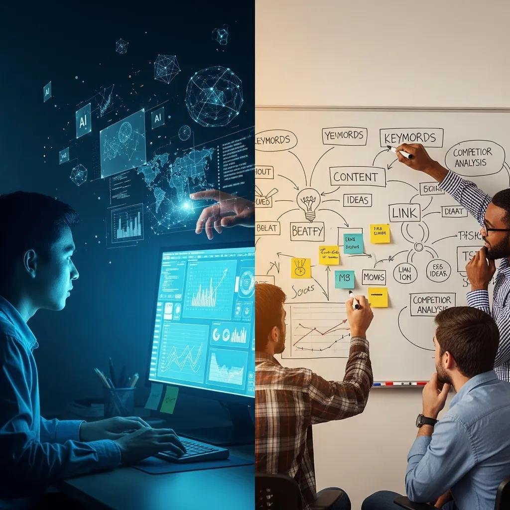 Illustration depicting a hybrid SEO strategy: on the left, a person analyzing data with AI tools, and on the right, a team brainstorming traditional SEO methods on a whiteboard.