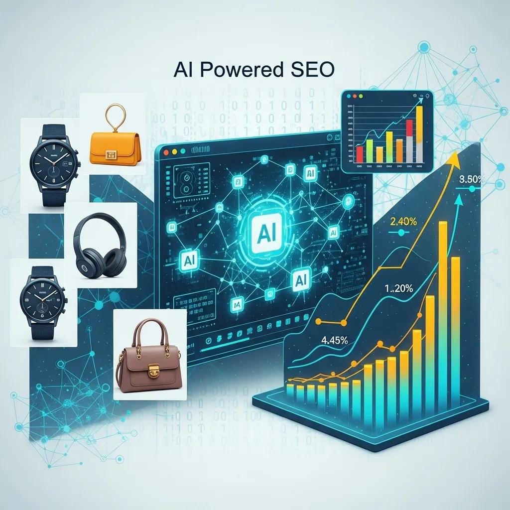 AI-powered SEO analysis for eCommerce growth, featuring data graphs and product images including a watch, headphones, handbag, and small purse.