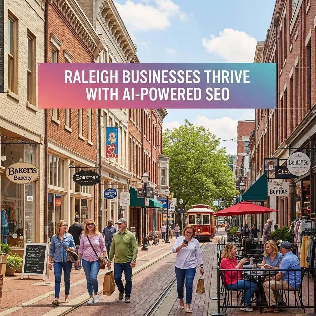 Raleigh businesses thriving with AI-powered SEO in vibrant downtown setting, featuring pedestrians shopping and dining, historic storefronts, and a streetcar.