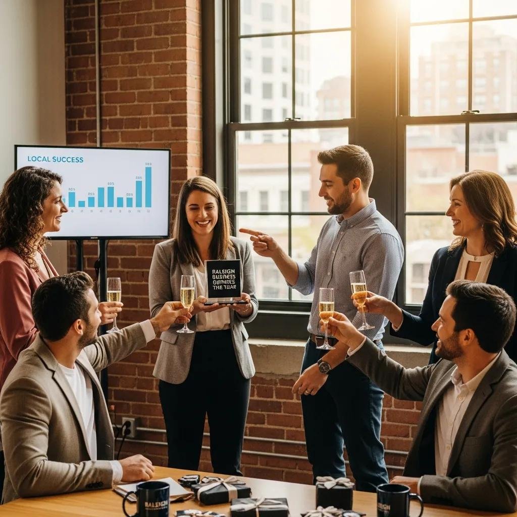 Raleigh small business owners reviewing SEO results and celebrating growth