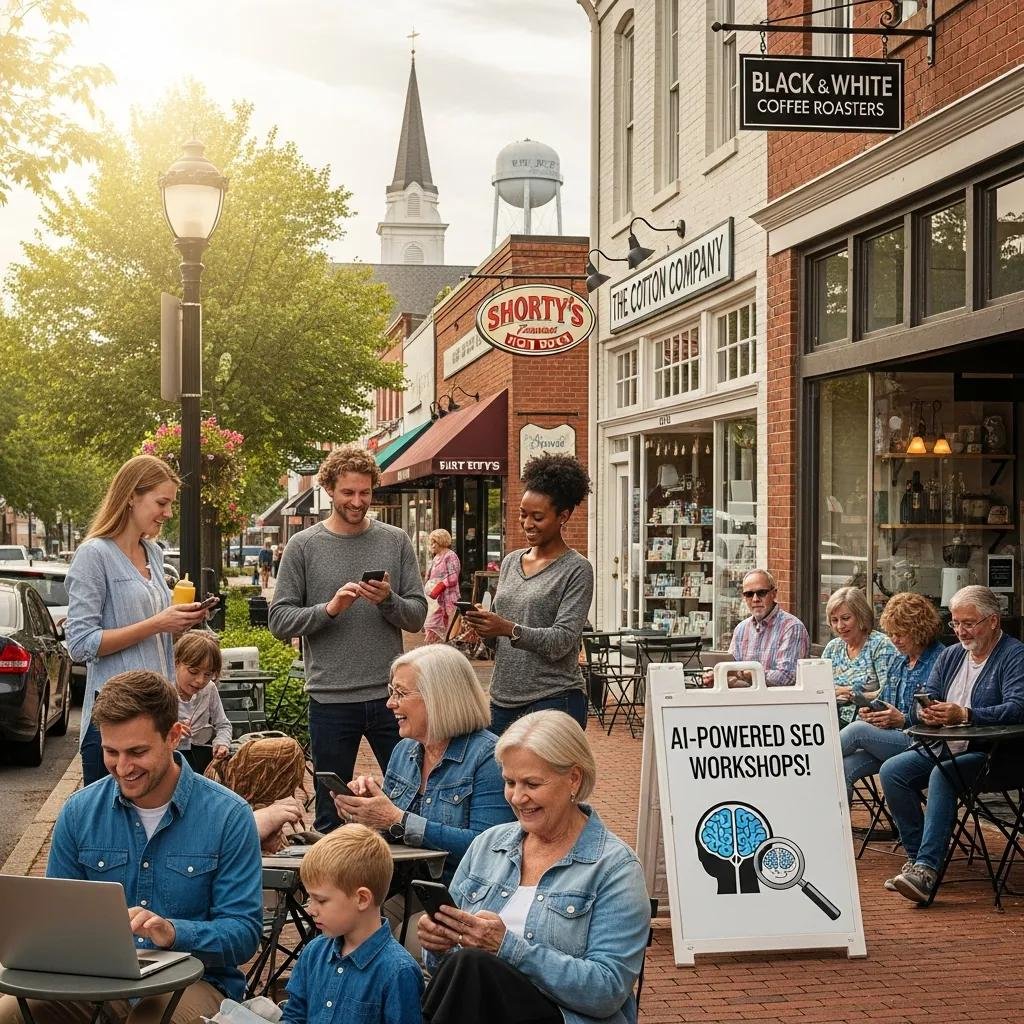 Local business scene in Wake Forest, NC, featuring diverse group of people engaged with smartphones and laptops, AI-powered SEO workshops sign visible, coffee shops and shops in the background.