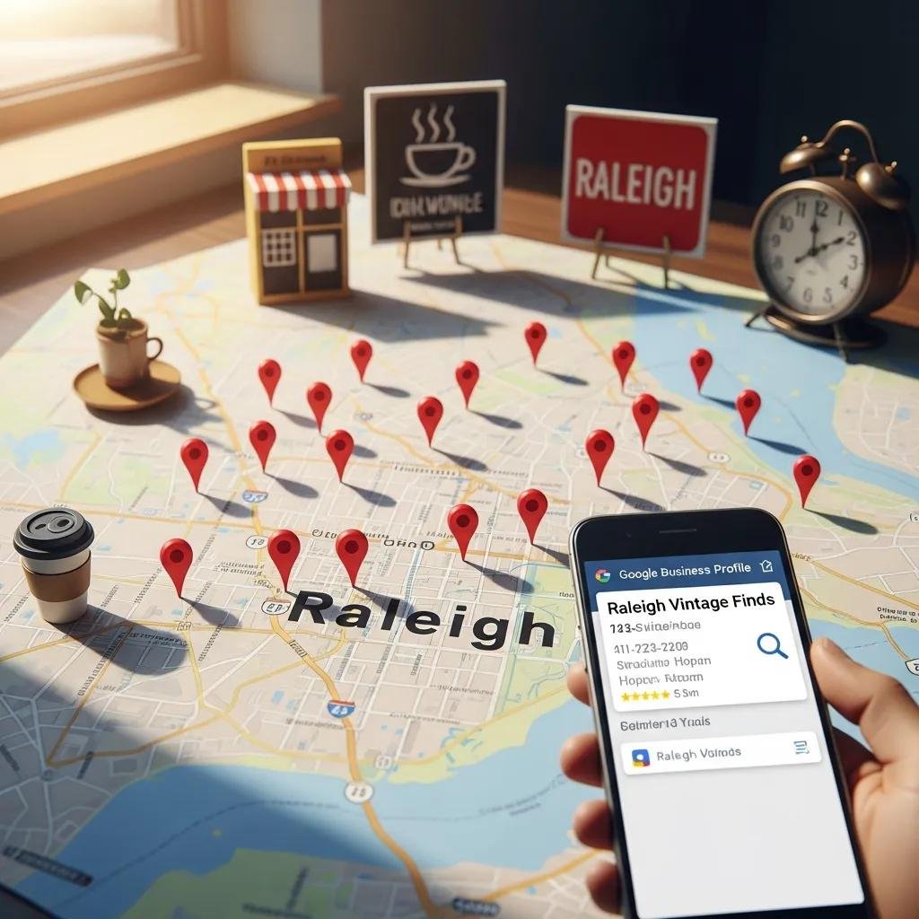 Map of Raleigh with location pins and a smartphone displaying a Google Business Profile for local SEO.