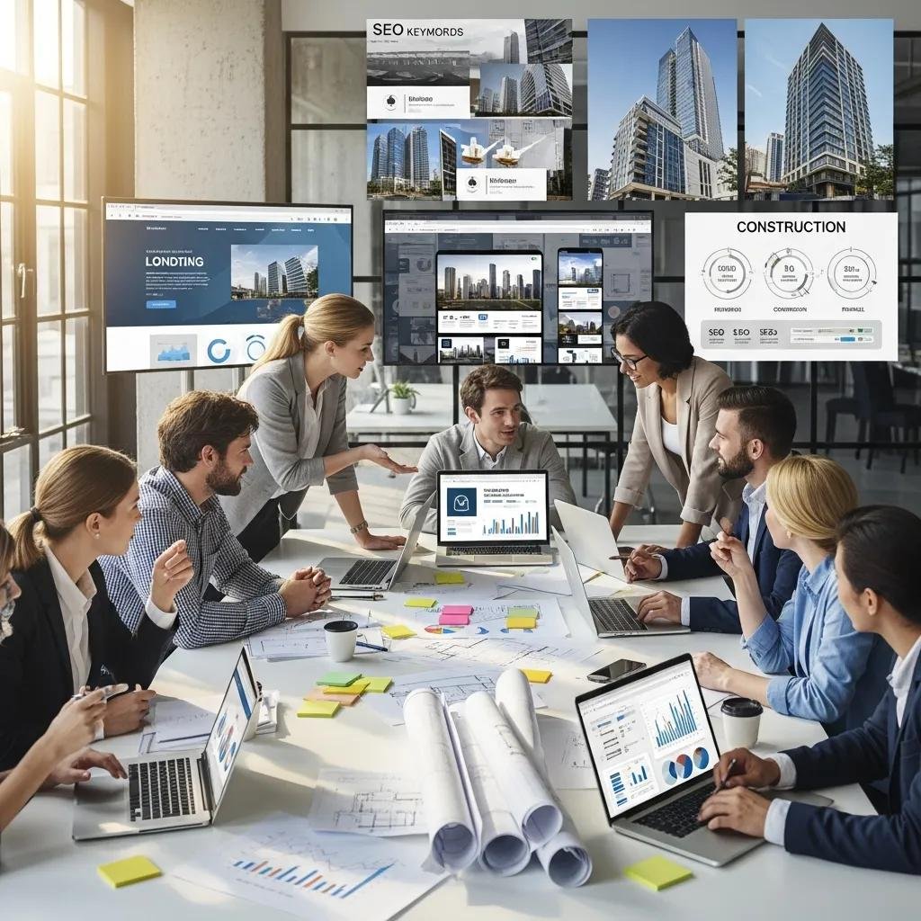 Marketing team brainstorming digital strategies for construction businesses, laptops displaying SEO keywords and construction metrics, collaborative office setting with architectural plans and colorful notes.