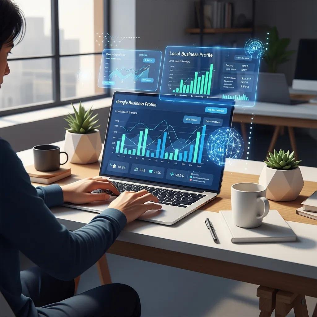Person analyzing local SEO data on a laptop, showcasing Google Business Profile metrics and AI integration in SEO strategies, modern workspace with plants and coffee cup.