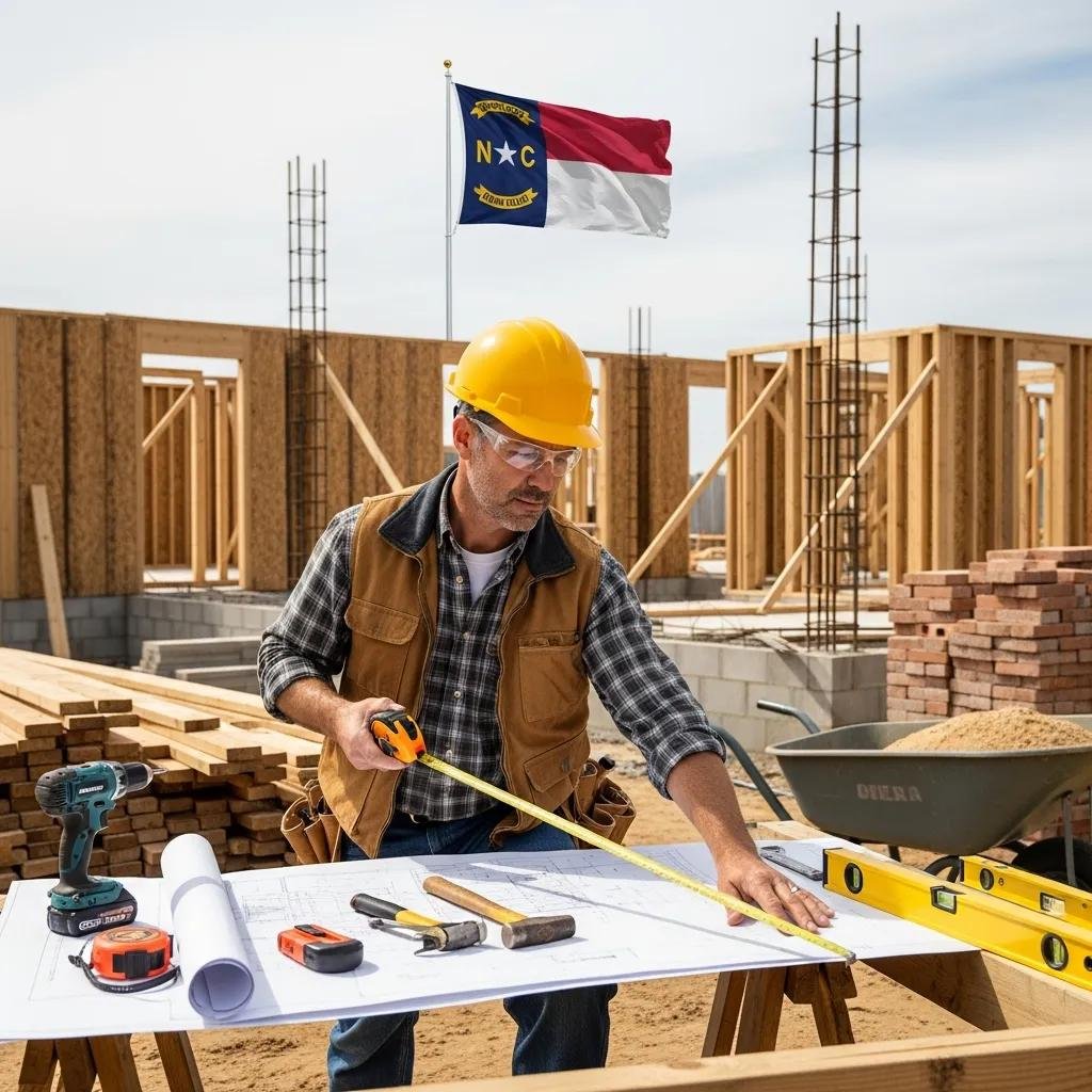 Contractor measuring construction plans at a North Carolina site, with tools and materials, featuring the North Carolina state flag in the background.