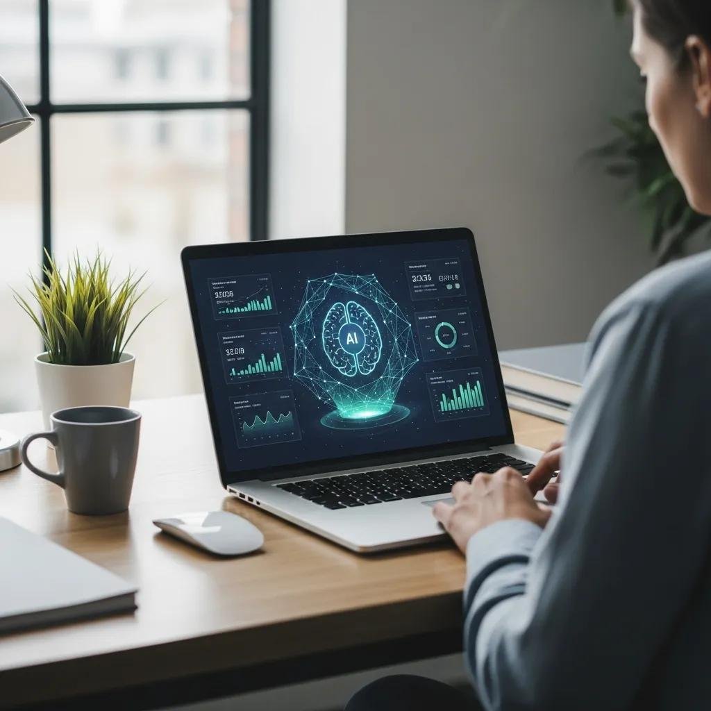 Person analyzing SEO data with AI tools on a laptop in a modern workspace, featuring graphs and metrics for website optimization.