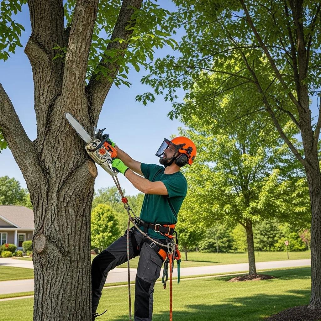 Professional arborist using a chainsaw for tree trimming and care in a lush green landscape, wearing safety gear including a helmet and goggles, with a residential area in the background.
