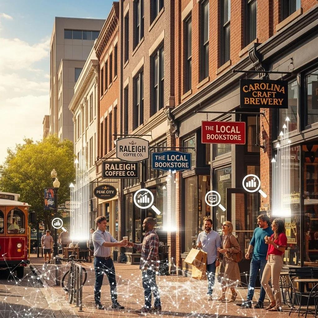 Raleigh cityscape with local businesses representing AI-powered SEO success