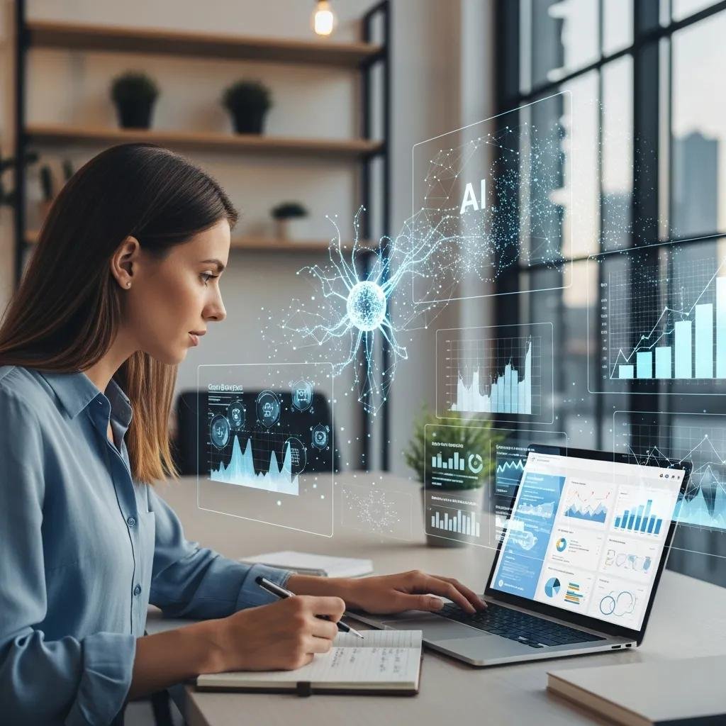 Small business owner analyzing marketing data with AI tools in a growth-focused environment