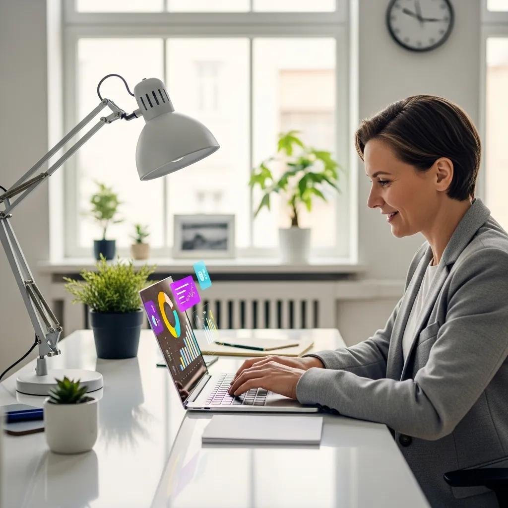 Woman using laptop with AI-generated analytics and graphs in modern office, illustrating business transformation through technology for small businesses.