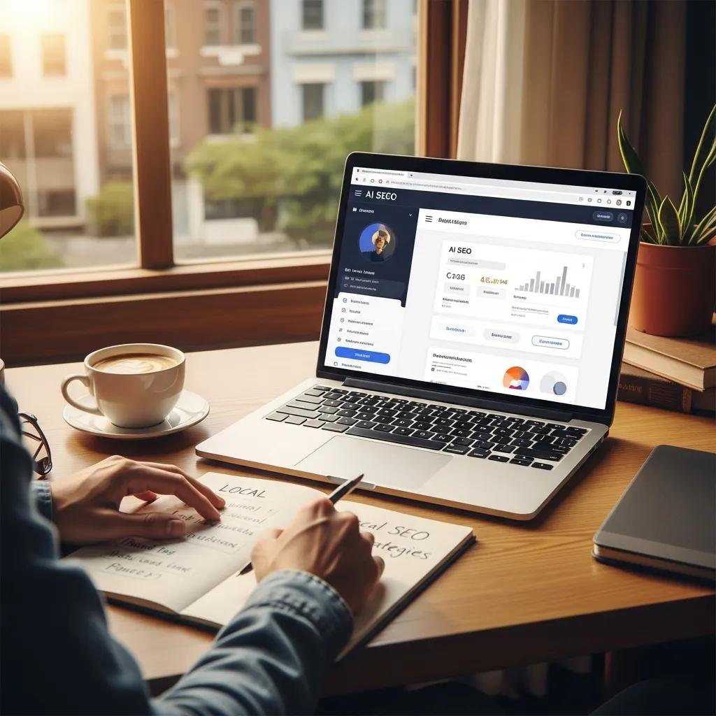 Small business owner utilizing AI tools for local SEO, writing strategies in notebook, laptop displaying SEO dashboard, cozy office environment with coffee cup.