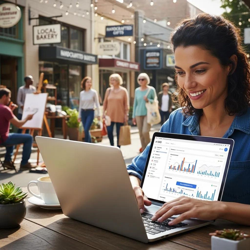 Woman analyzing AI-powered SEO data on laptop in vibrant local business environment, showcasing digital marketing strategies for small businesses.