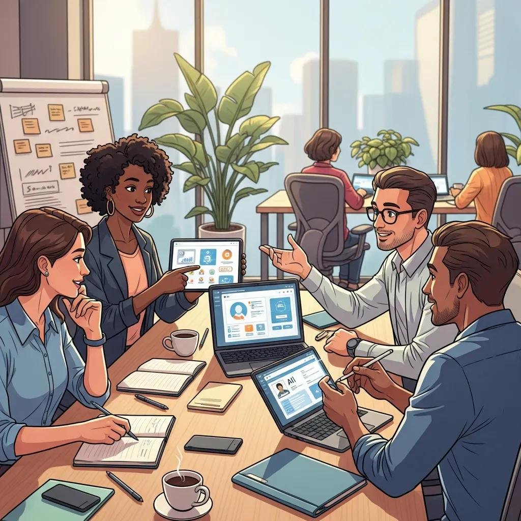 Small business owners collaborating in a modern office, discussing AI tools on laptops and tablets, with charts and data visuals, emphasizing business transformation and operational efficiency.