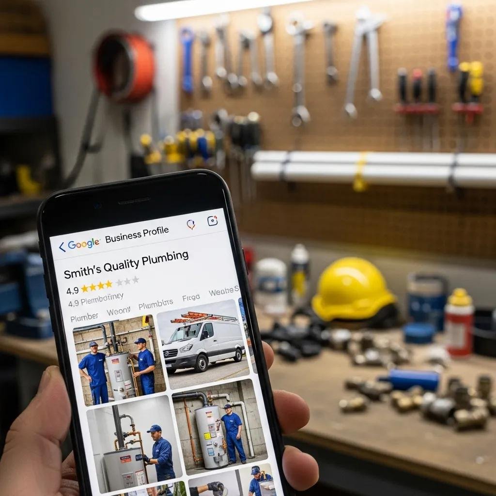 Smartphone displaying an optimized Google Business Profile for Smith's Quality Plumbing, featuring high ratings and images of plumbing services, with tools and a workshop backdrop.