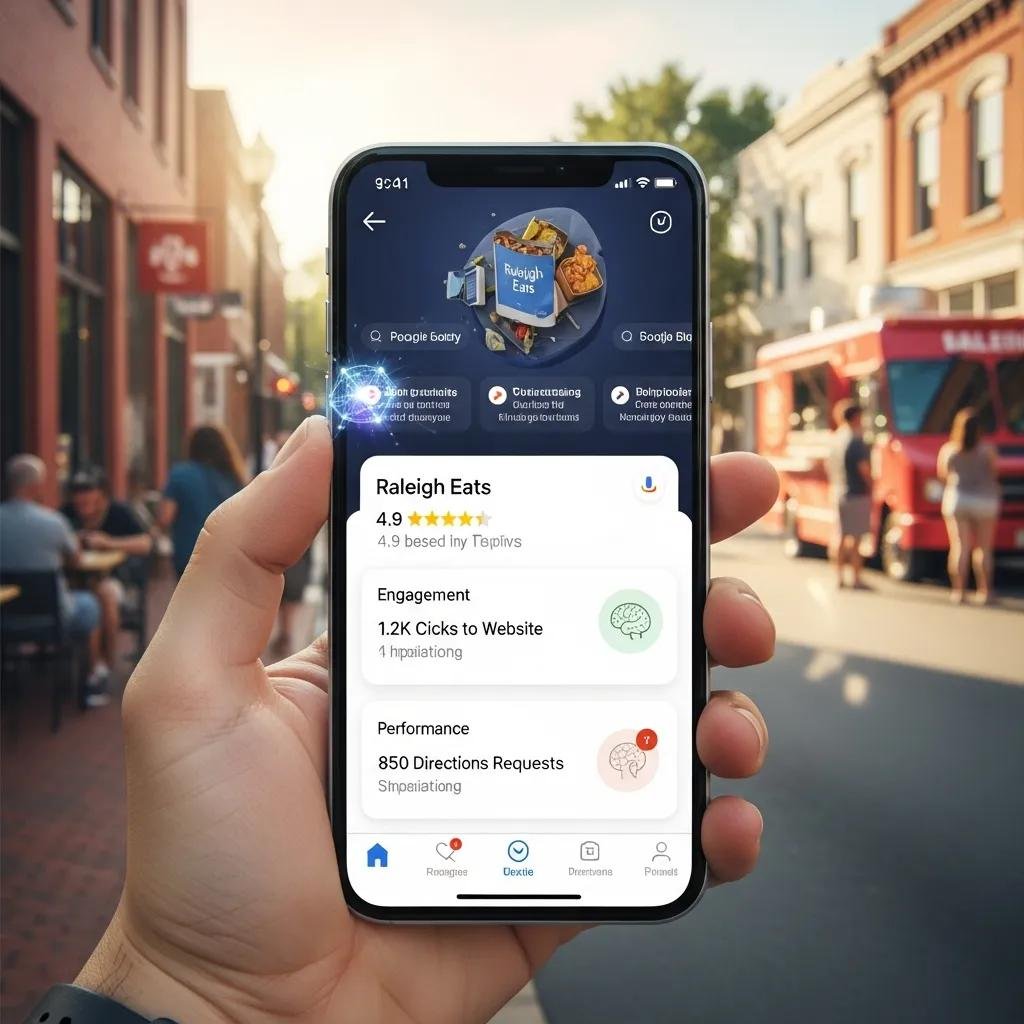 Smartphone displaying Google Business Profile for "Raleigh Eats" with positive engagement metrics, set in a Raleigh neighborhood.
