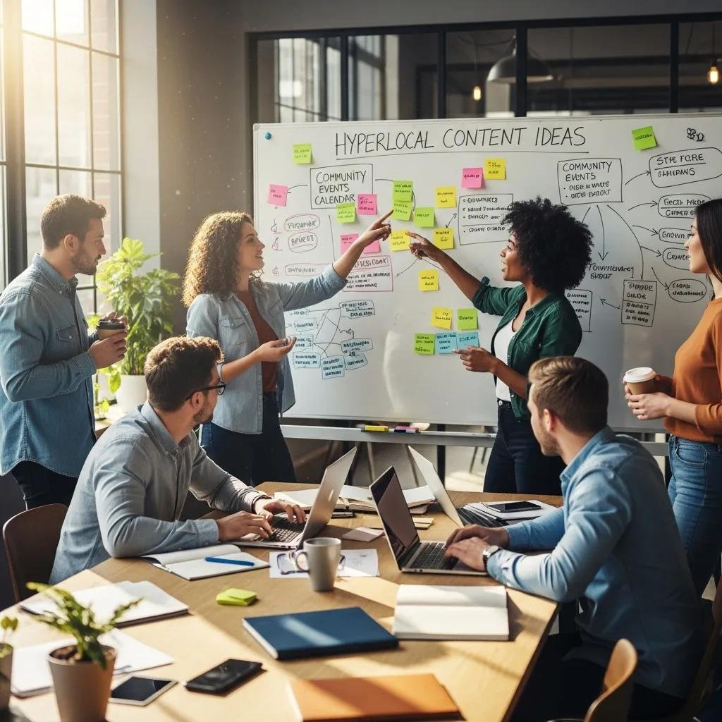 Team brainstorming hyperlocal content ideas in a modern workspace with a whiteboard filled with notes and charts, laptops on the table, and diverse individuals collaborating.