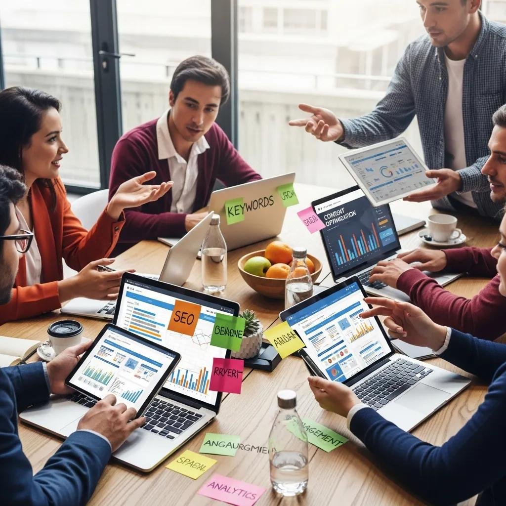 Team collaborating on SEO strategies with laptops displaying keyword analytics, content optimization, and metrics, surrounded by notes on local SEO and AI tools.