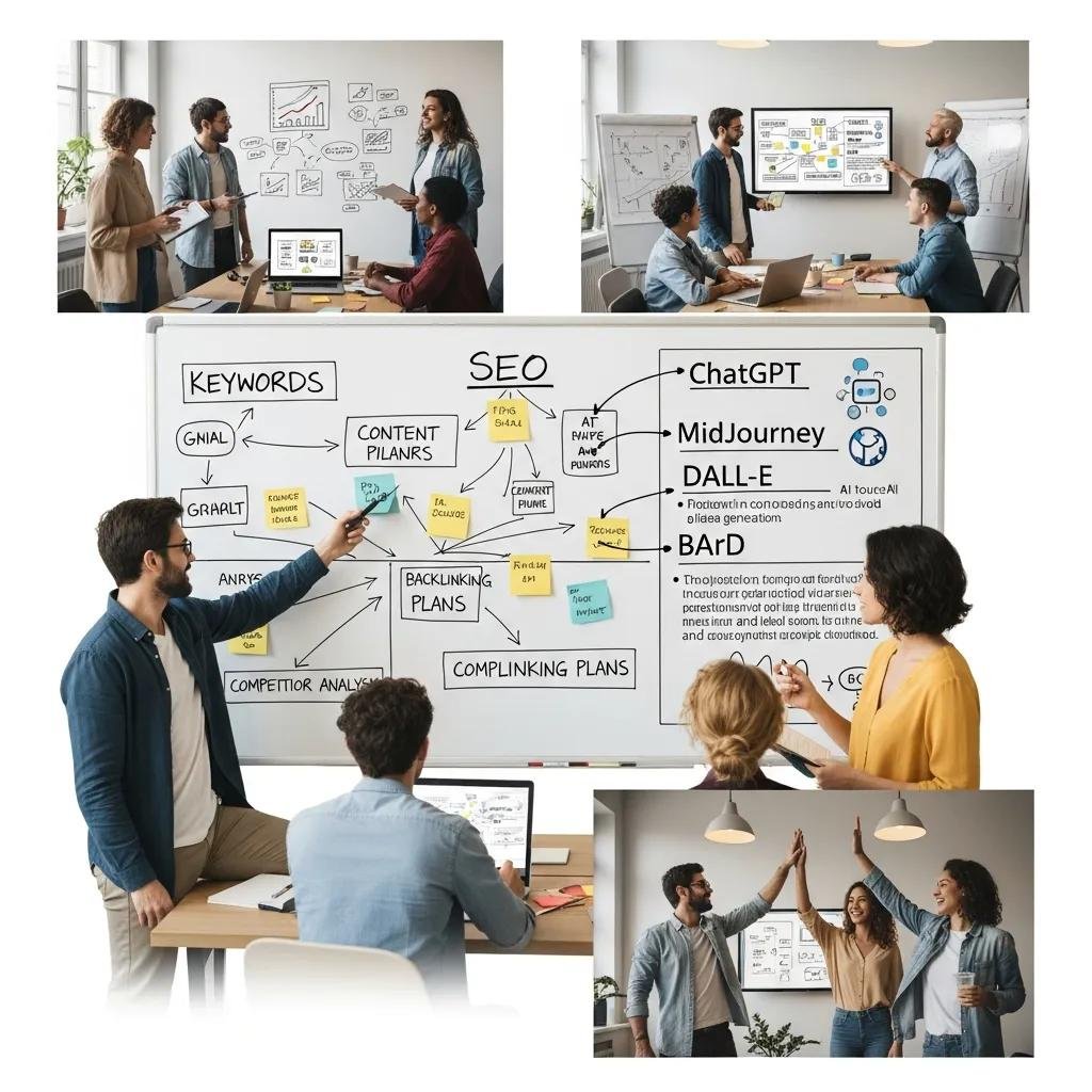 Team collaborating on SEO strategies, discussing keywords, content pillars, and AI tools like ChatGPT and DALL-E, with brainstorming on a whiteboard and group interaction.