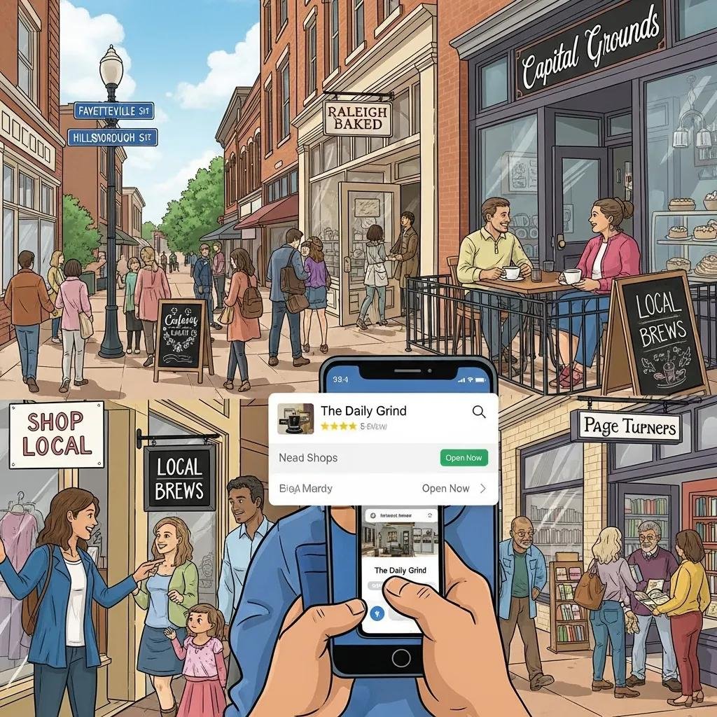 Vibrant local business scene in Raleigh showcasing community engagement, featuring shops like Raleigh Baked and Capital Grounds, with people interacting and a smartphone displaying local business listings.