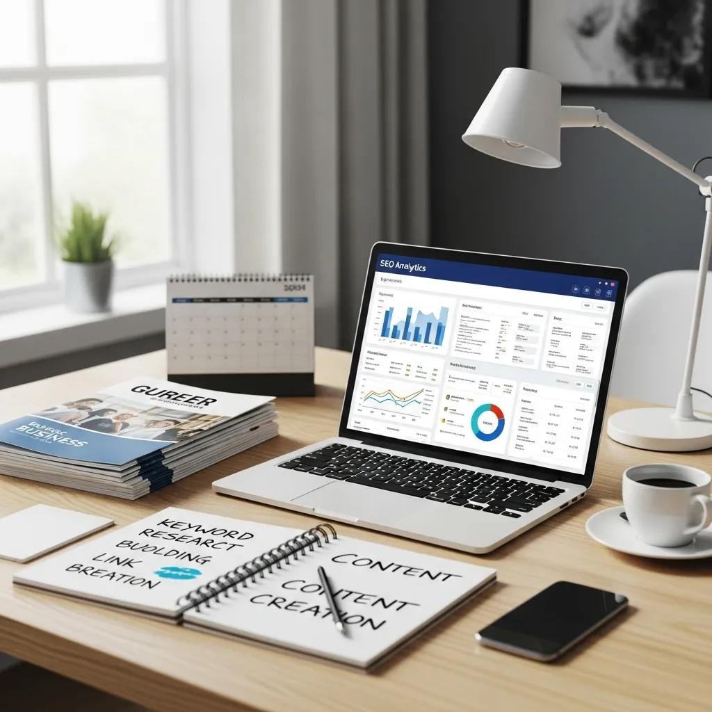 Modern workspace with laptop displaying SEO analytics, notebooks labeled "Keyword Research," "Content," and "Content Creation," and business materials, illustrating AI-powered SEO strategies for local businesses.
