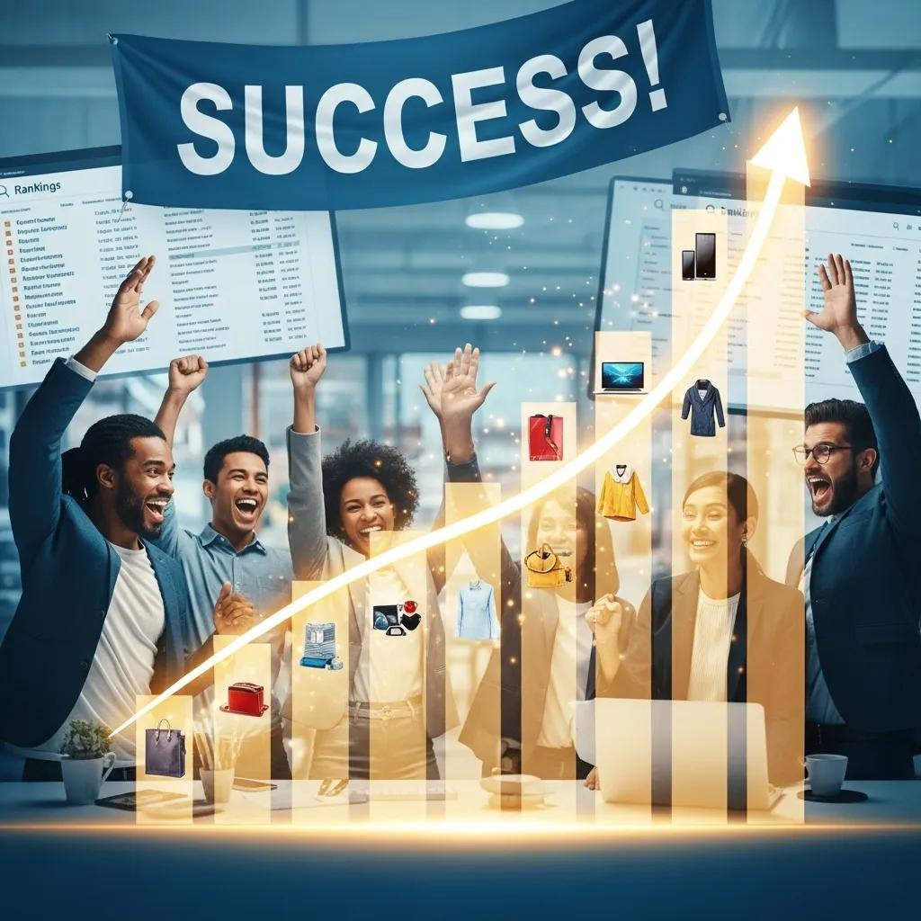 Diverse group of happy professionals celebrating eCommerce success with upward trend graph and product images, showcasing achievements in online retail.