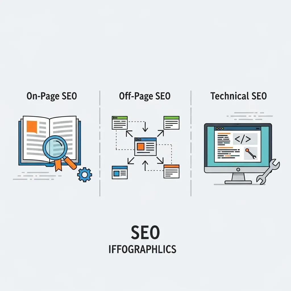 Visual representation of on-page SEO, off-page SEO, and technical SEO components for small businesses, featuring icons of a book with a magnifying glass, interconnected web pages, and a computer with code.