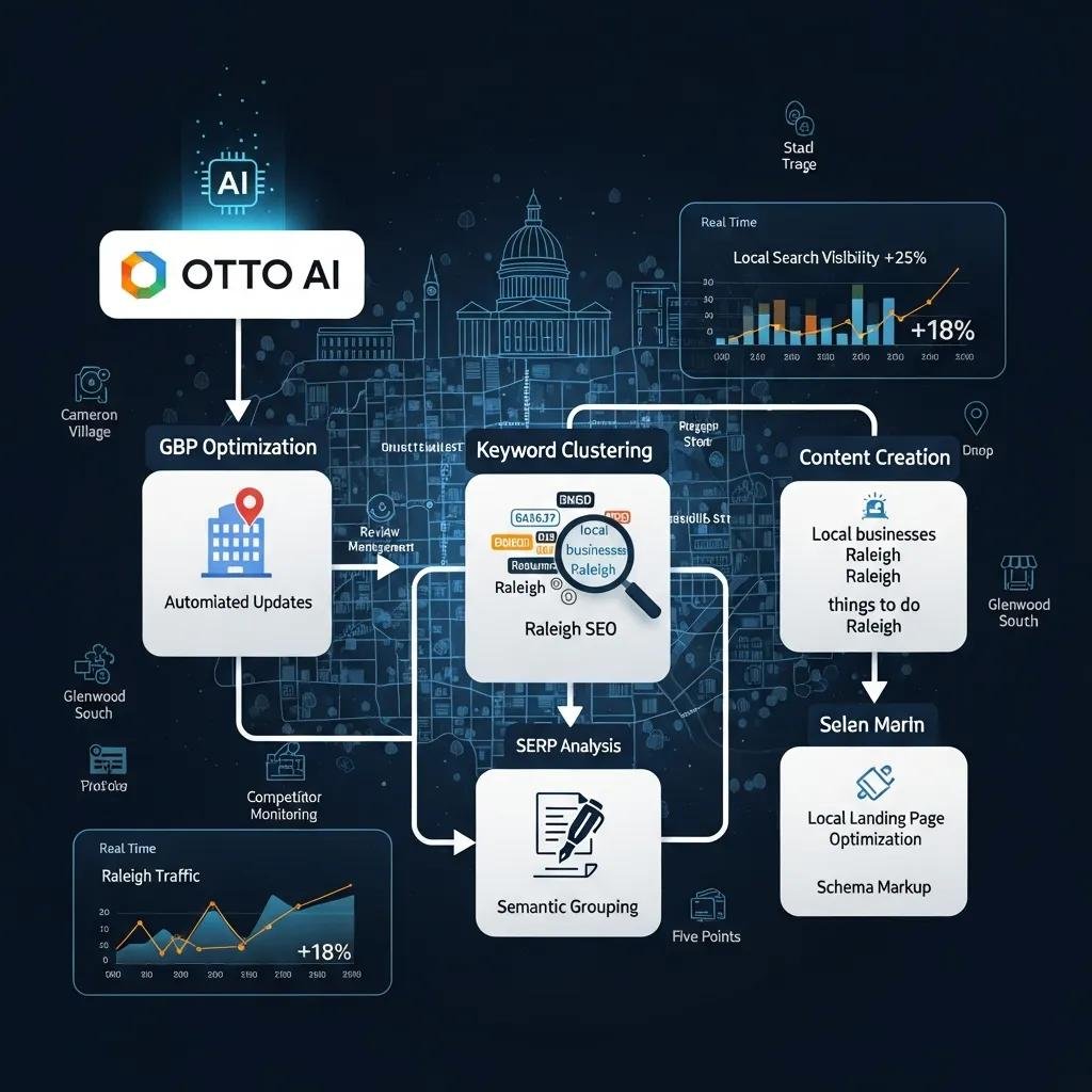 Visual representation of OTTO AI's process for enhancing local SEO, featuring GBP optimization, keyword clustering, and content creation strategies for small businesses in Raleigh, with graphs showing local search visibility and traffic improvements.