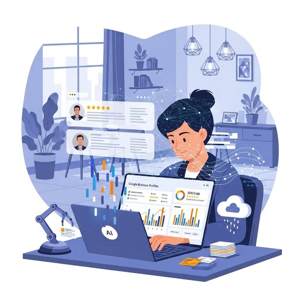 Person using AI tools for managing Google Business Profile with analytics on screen