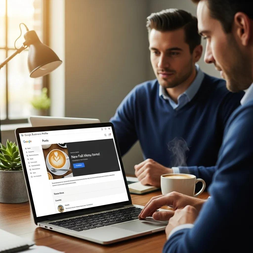 Business owner optimizing Google Business Profile on a laptop