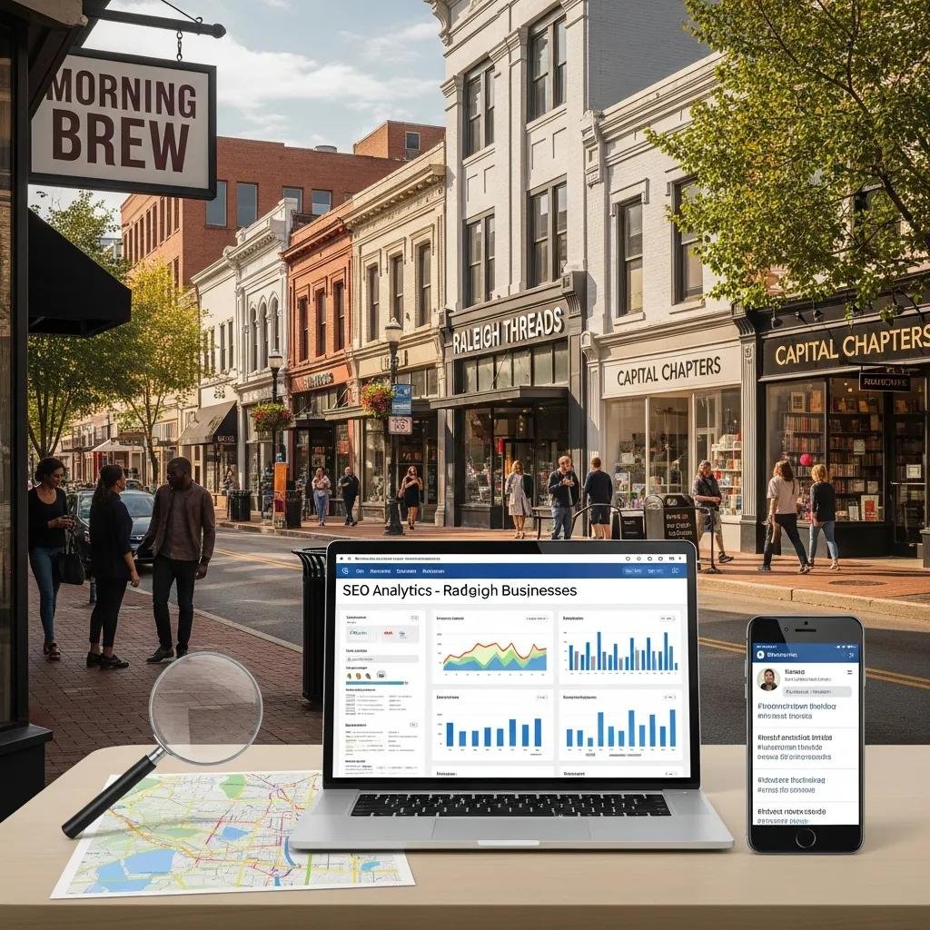 Raleigh cityscape with small businesses and digital marketing elements