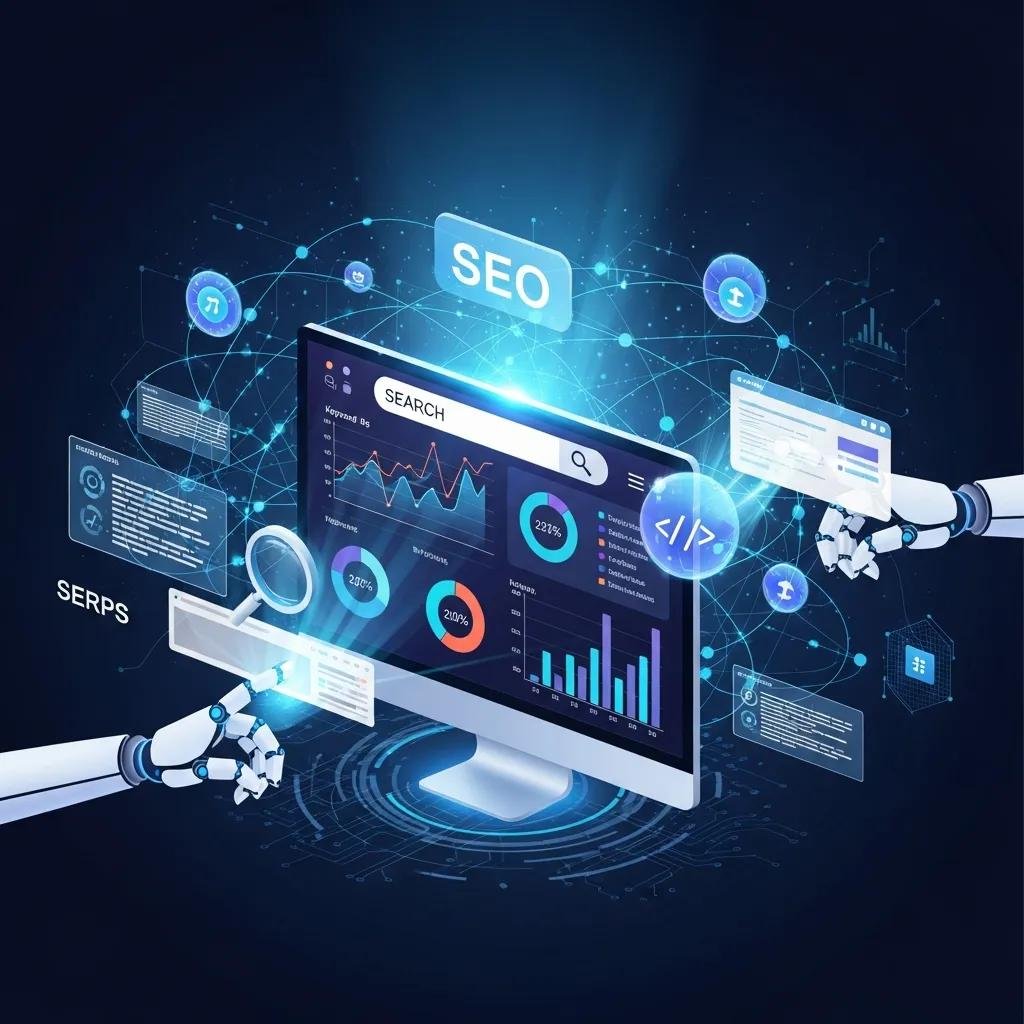 AI technology automating SEO processes with analytics and data visualization