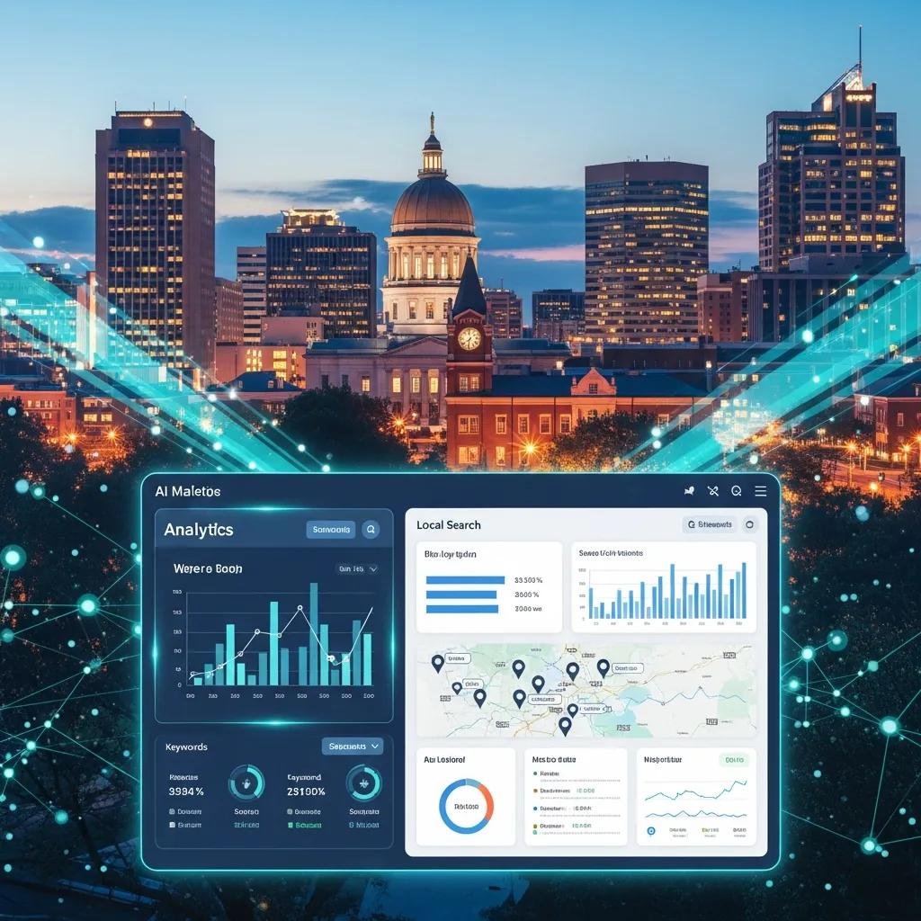 AI technology enhancing local SEO services with analytics and Raleigh cityscape
