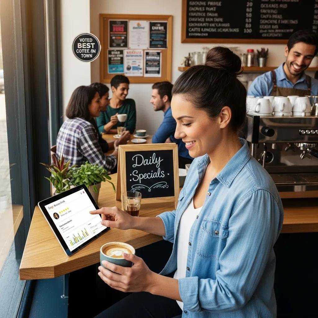 Business owner optimizing Google Business Profile in a local business setting