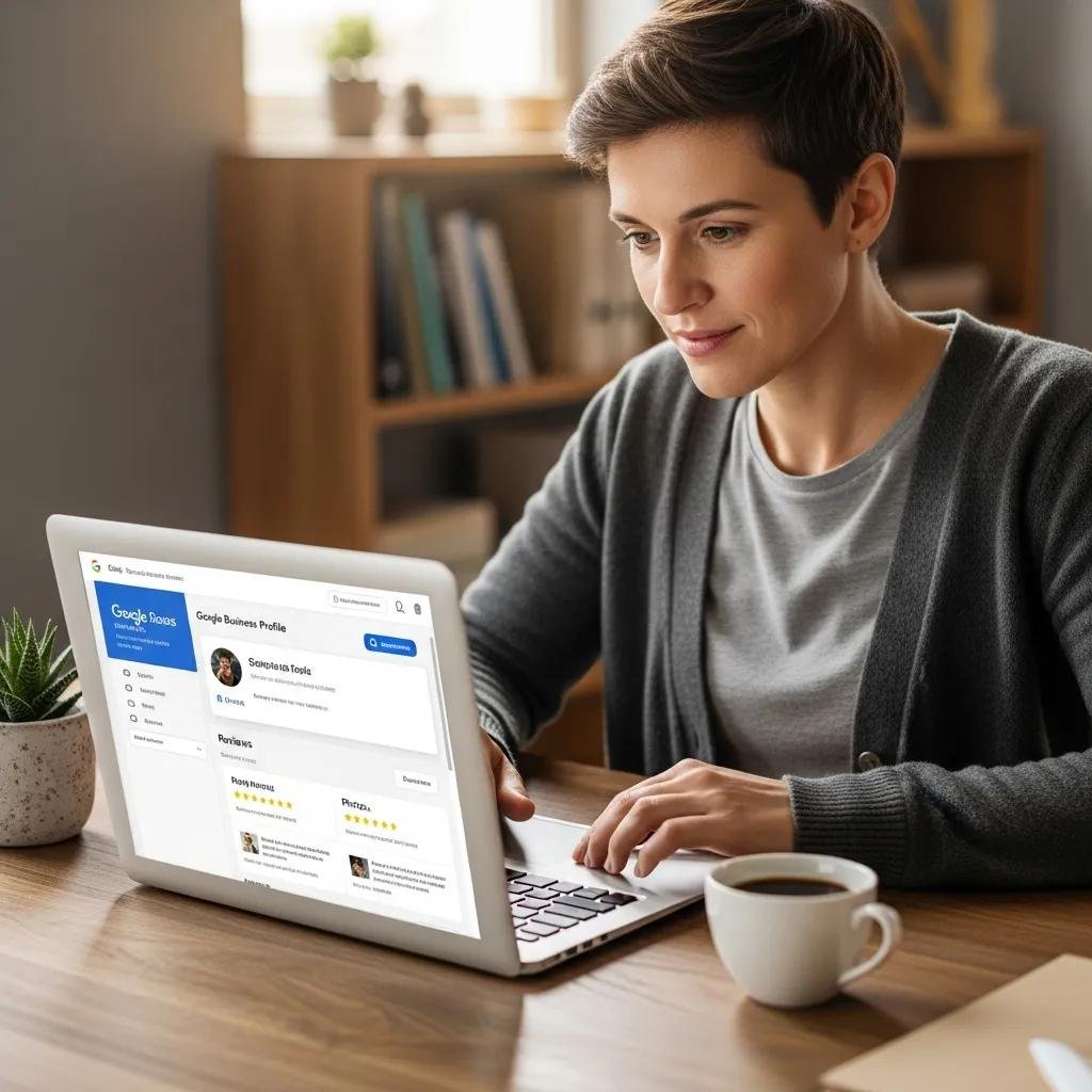 Business owner optimizing Google Business Profile on a laptop in an office