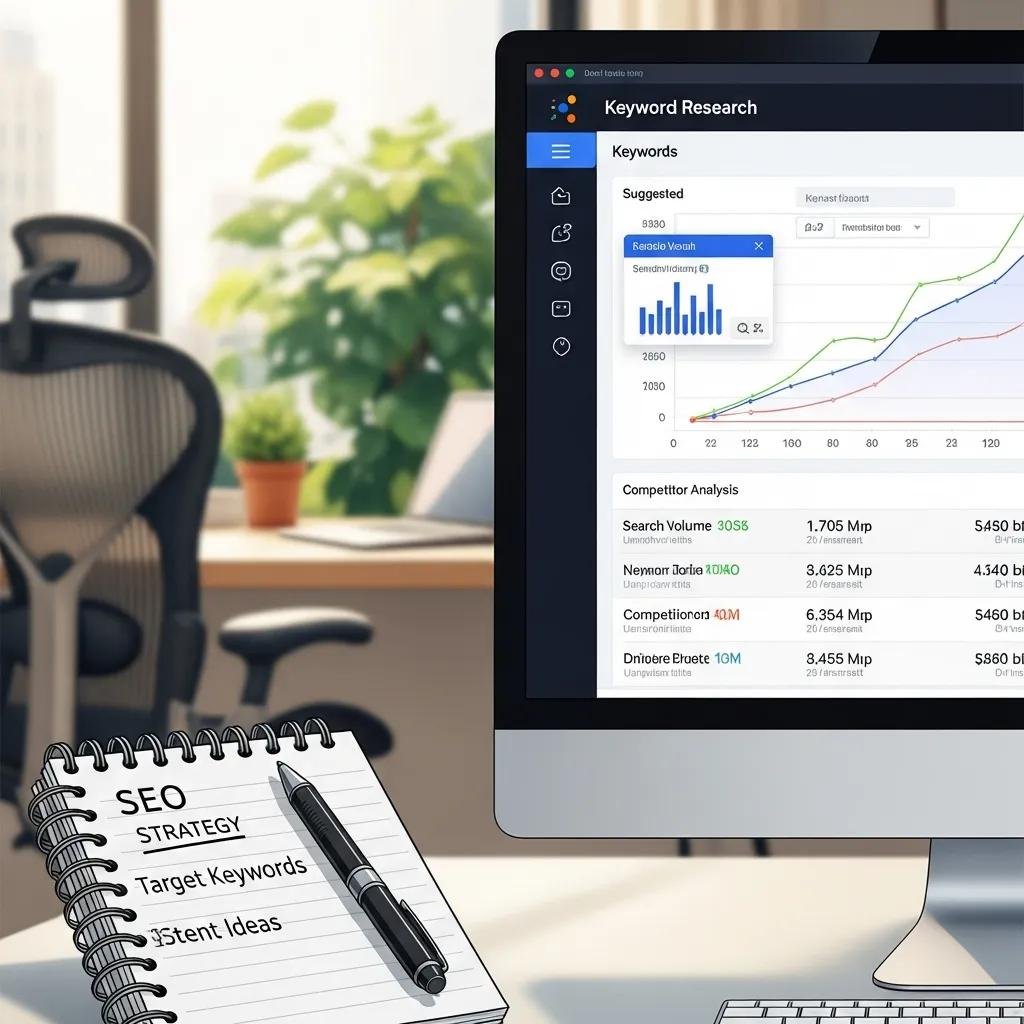 Computer screen showing keyword research tools and analytics for SEO