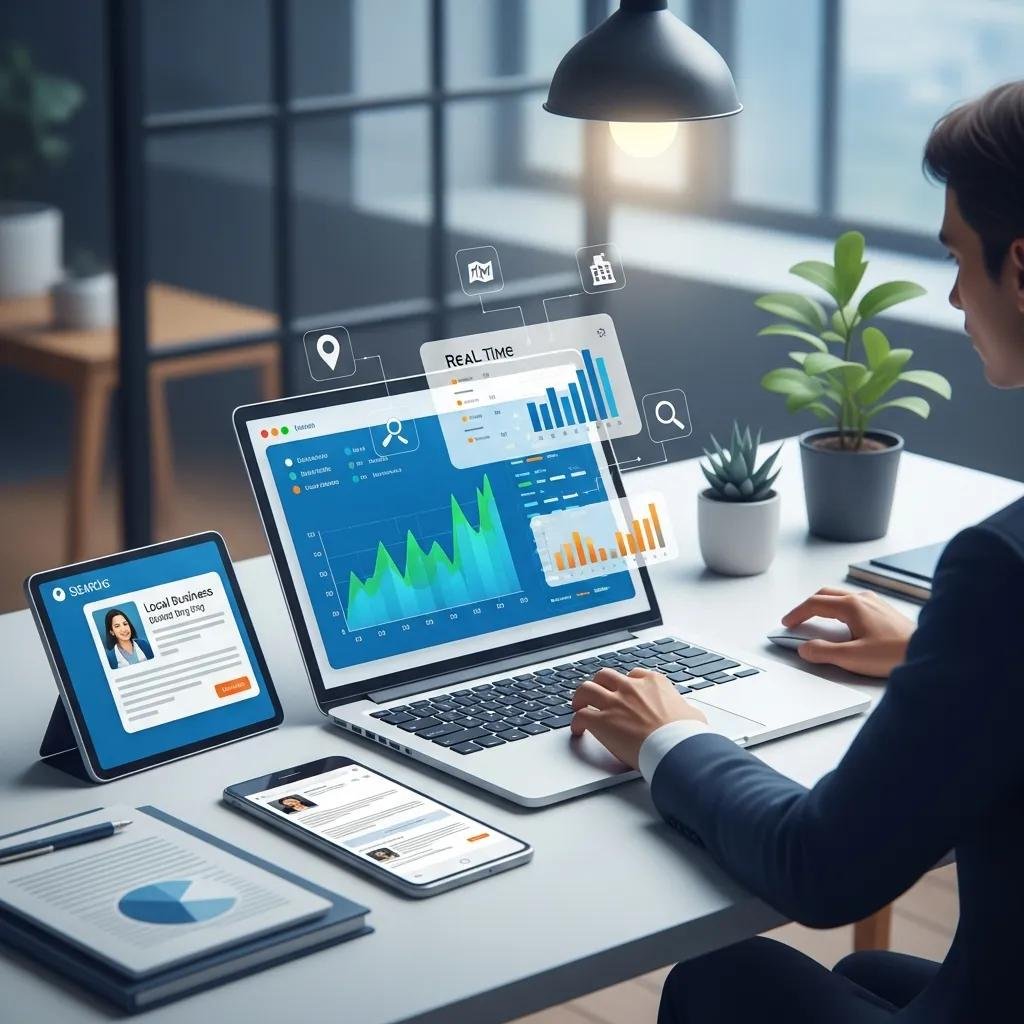 Digital interface showcasing AI automation in local SEO with graphs and analytics in a modern office