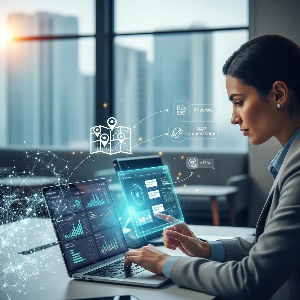 Digital marketing professional analyzing SEO data with AI technology in a modern office
