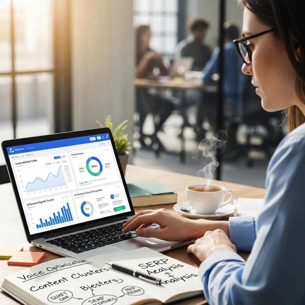 Digital marketing professional working on AI SEO strategies in a modern office