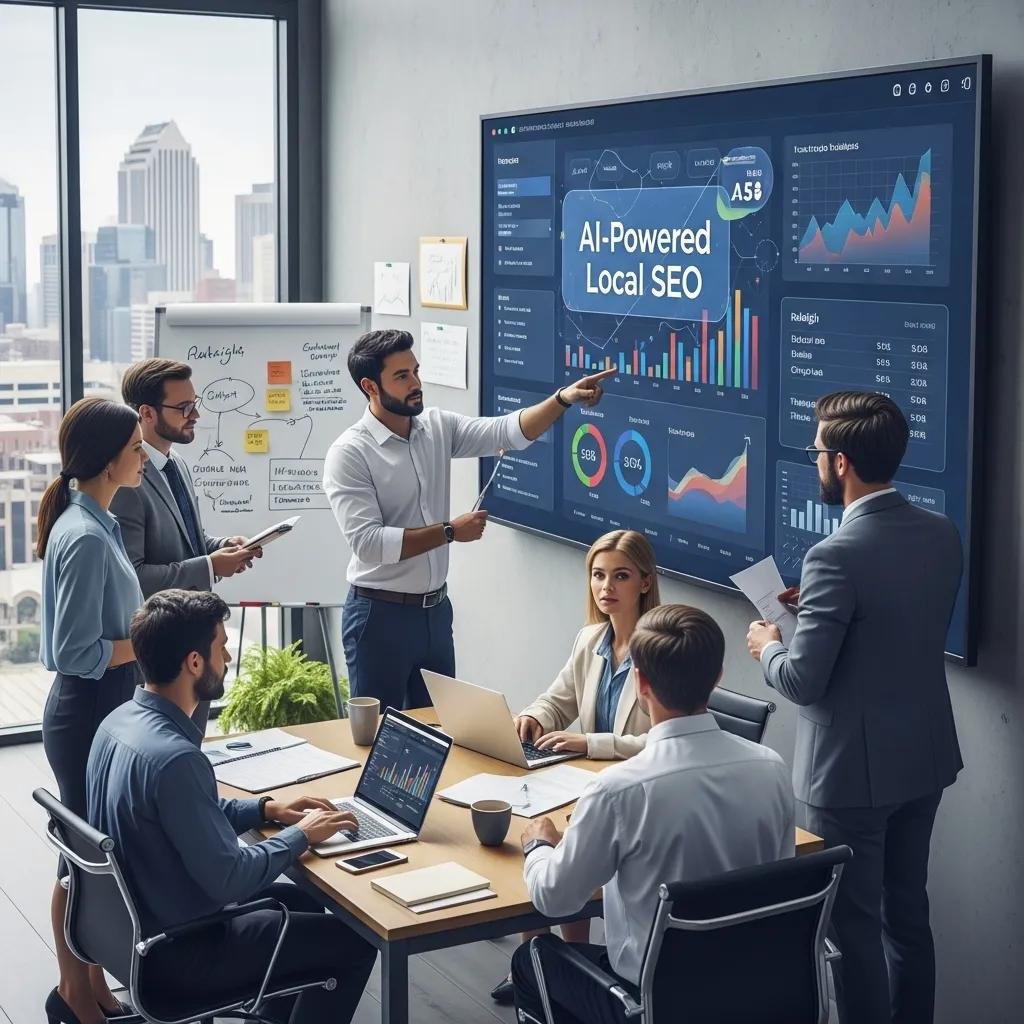 Digital marketing team analyzing AI-powered local SEO data
