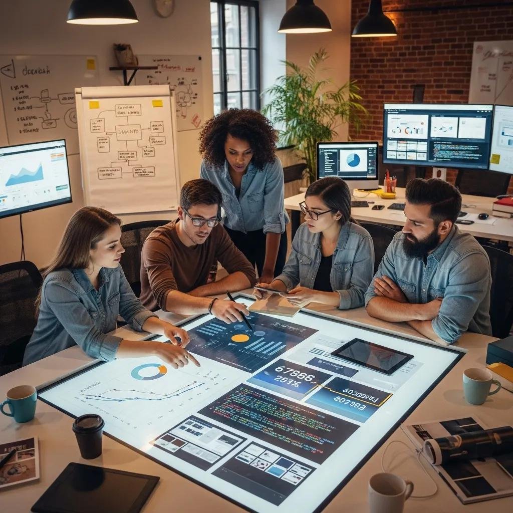 Digital marketing team discussing AI-powered local SEO strategies for web design
