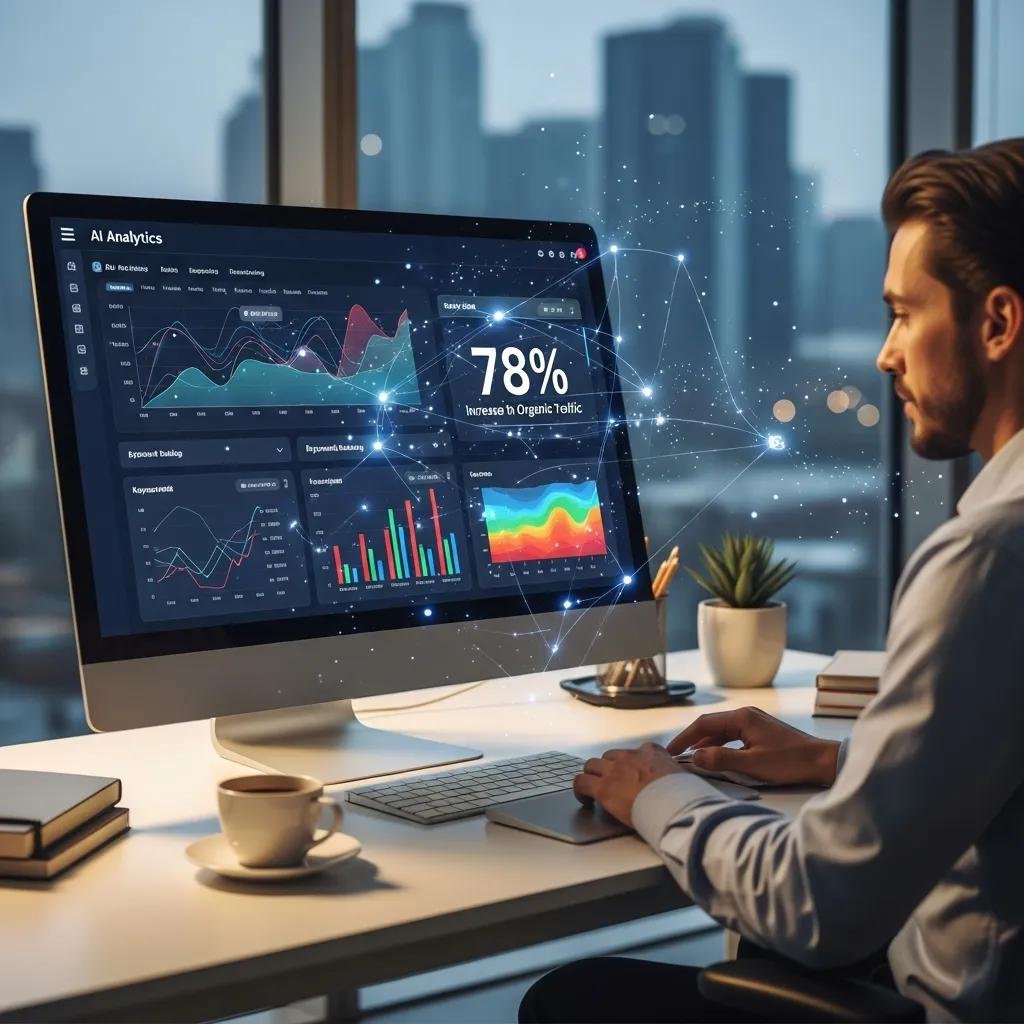 Digital workspace showcasing AI tools for enhancing SEO strategies in small businesses