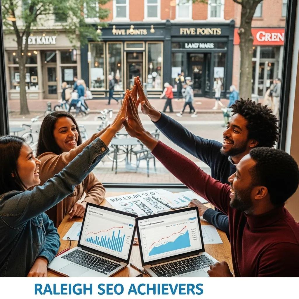 Diverse small business owners in Raleigh celebrating local SEO success together