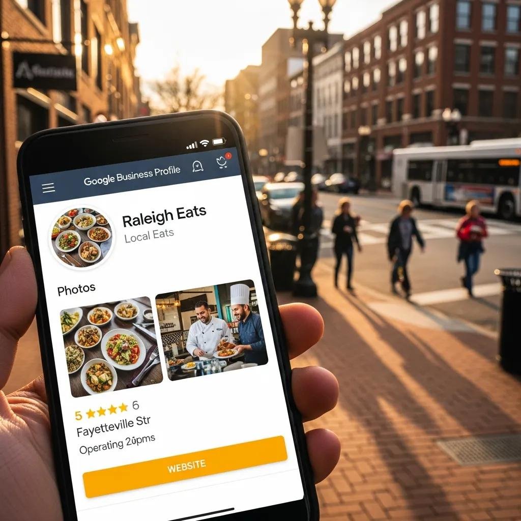 Google Business Profile displayed on a smartphone in a vibrant Raleigh setting