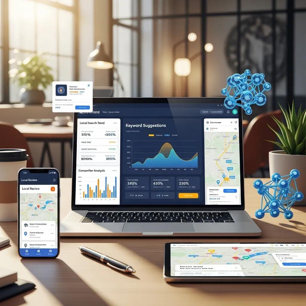 Laptop displaying AI tools for local SEO optimization, illustrating technology's impact on voice search